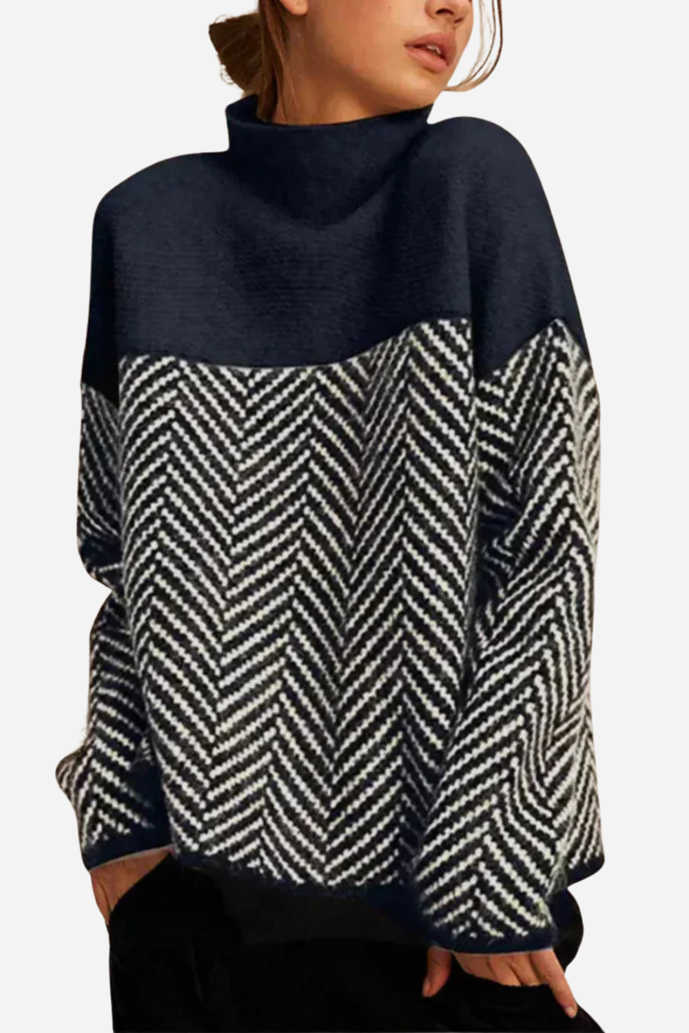 Marie | Pull femme à col roulé avec motif chevron – Pull élégant