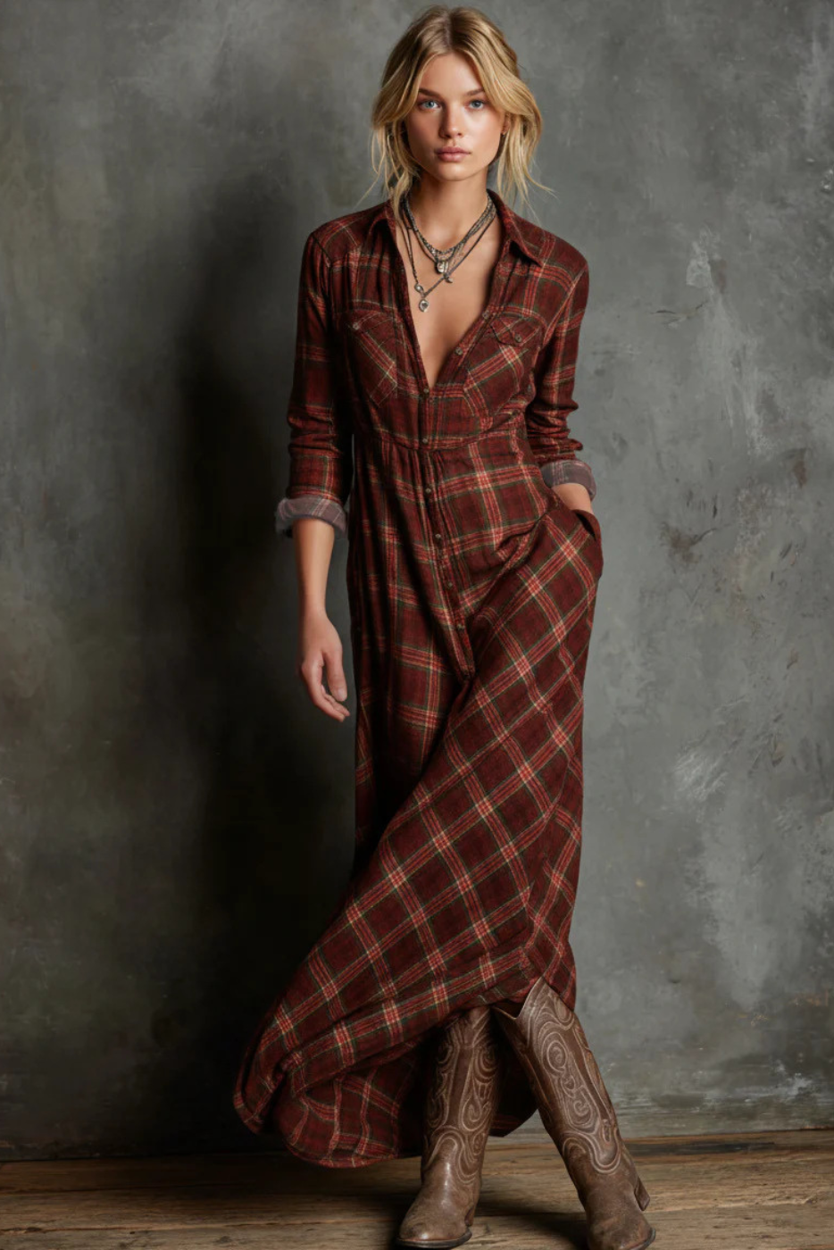 Léa | Élégante robe Femme Maxi à Carreaux pour Style Décontracté