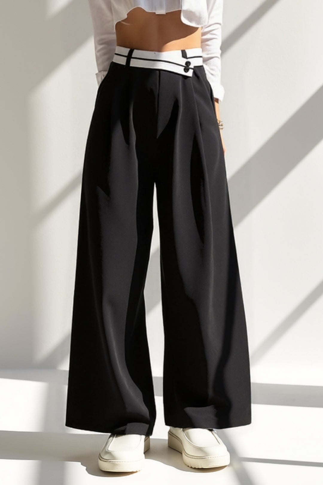 Ona | Pantalon Large Femme Taille Haute Bicolore avec Détails Modernes