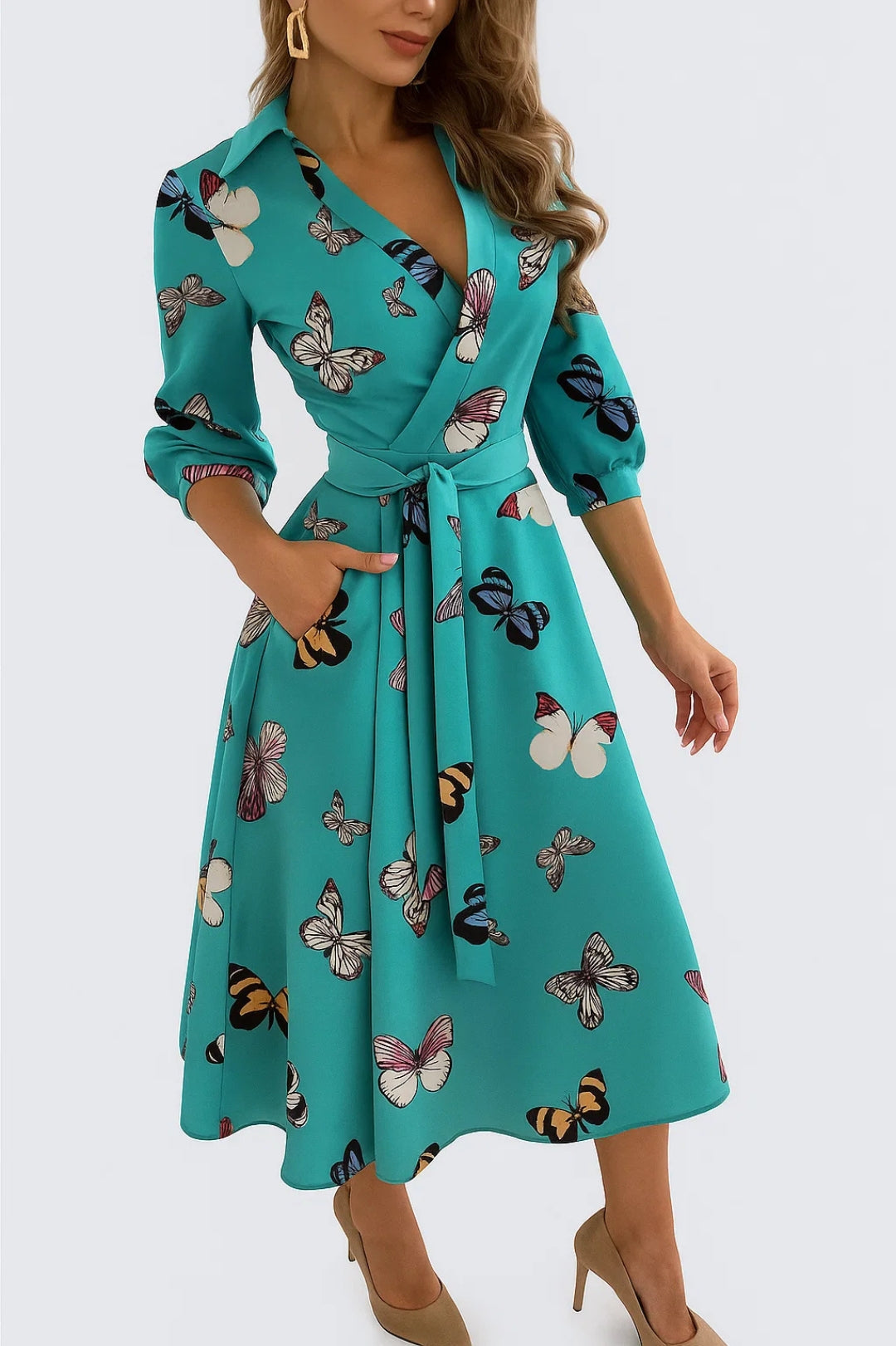 Rose | Robe Midi Chic Femme Élégante à Imprimé Unique et Taille Ceinturée