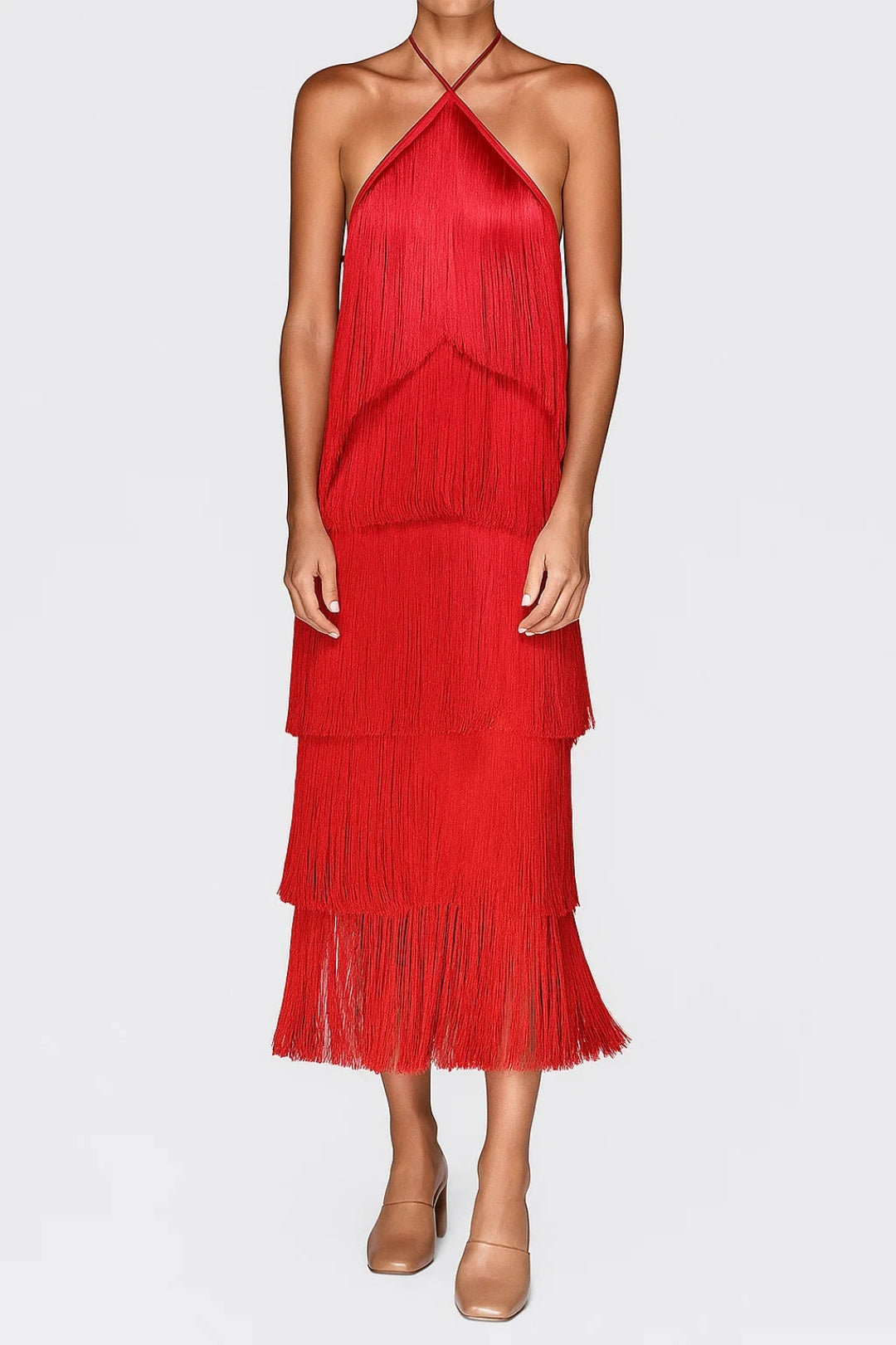 Cléo | Robe Midi Femme Élégante à Franges pour Soirées Glamour