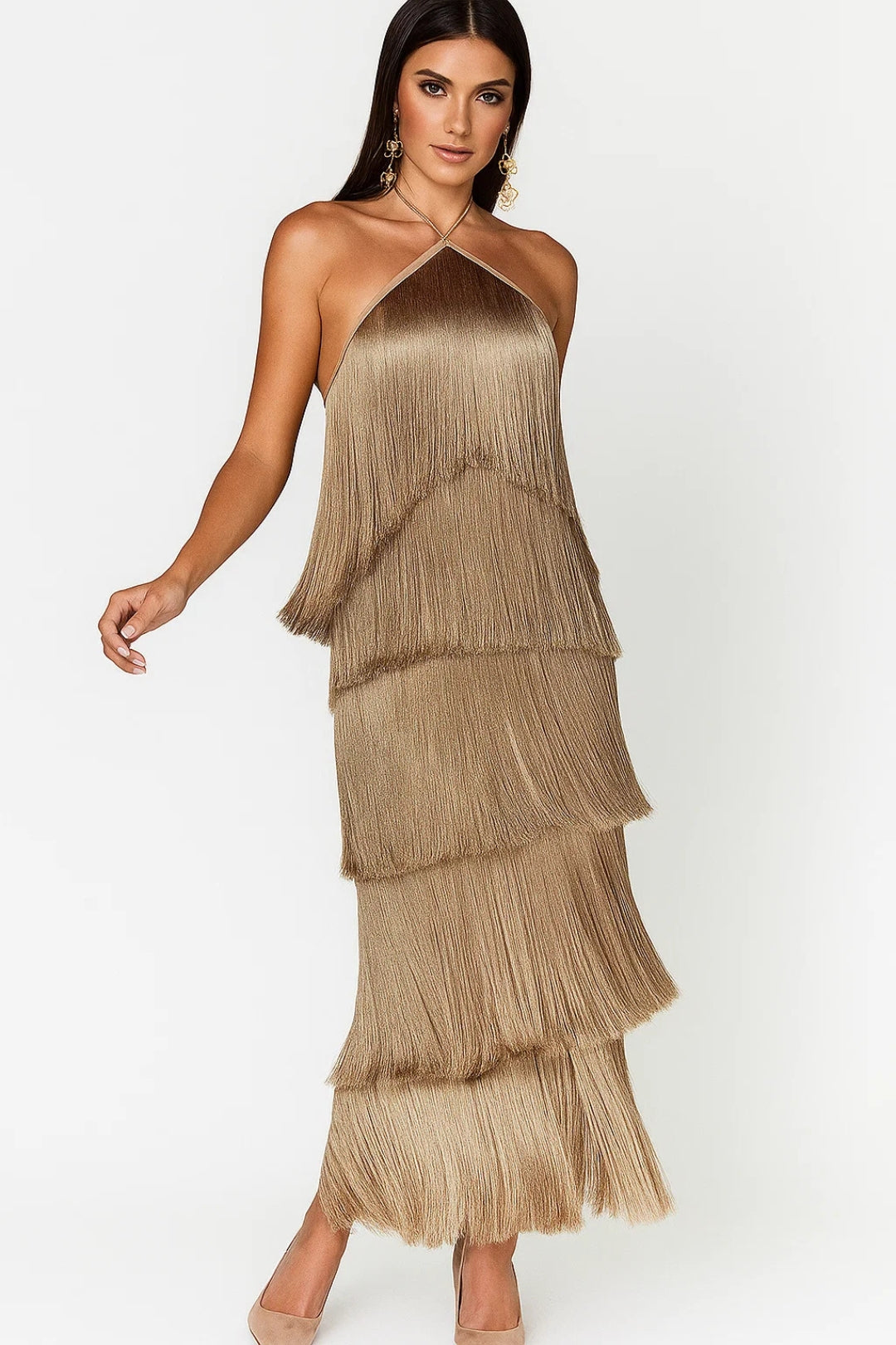 Cléo | Robe Midi Femme Élégante à Franges pour Soirées Glamour