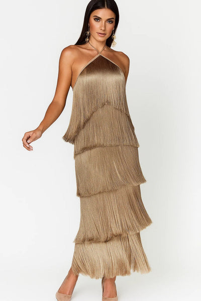 Cléo | Robe Midi Femme Élégante à Franges pour Soirées Glamour