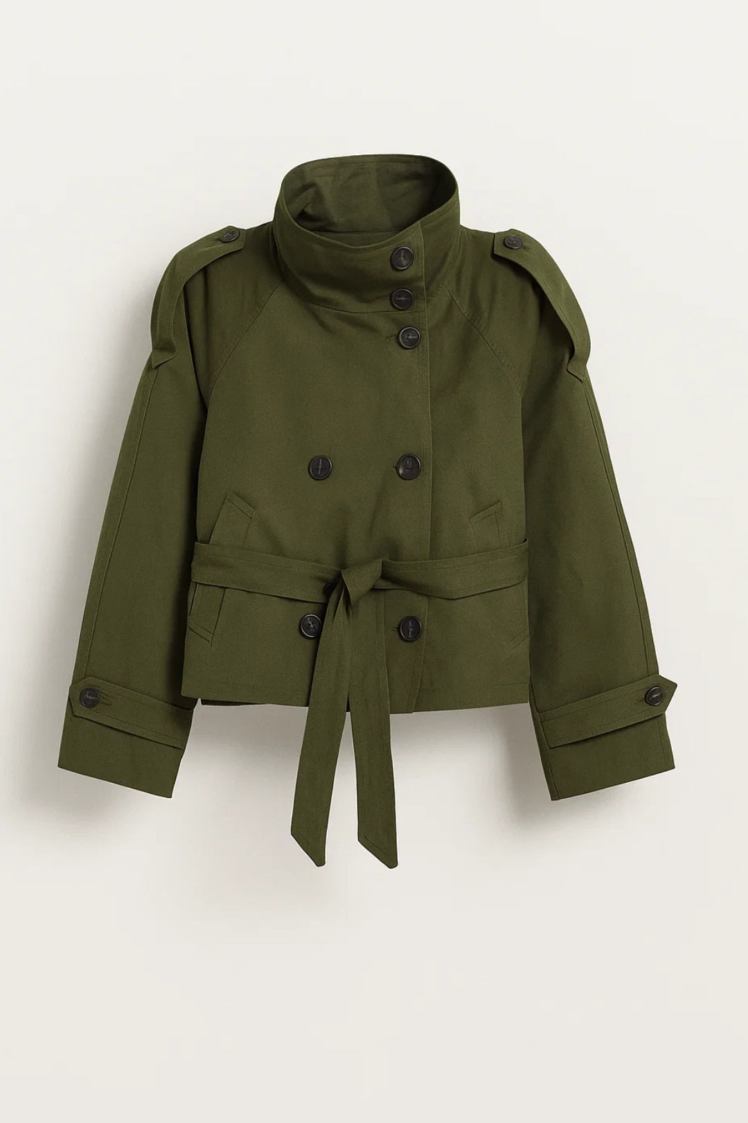 Thaïs | Trench Court Femme Chic à Col Montant et Ceinture Élégante