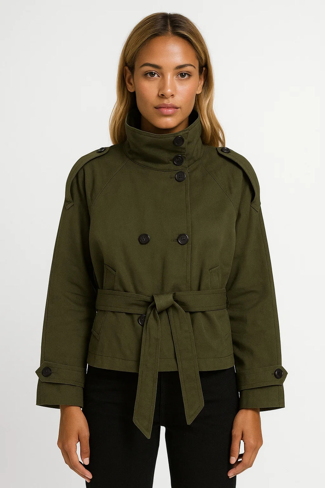 Thaïs | Trench Court Femme Chic à Col Montant et Ceinture Élégante