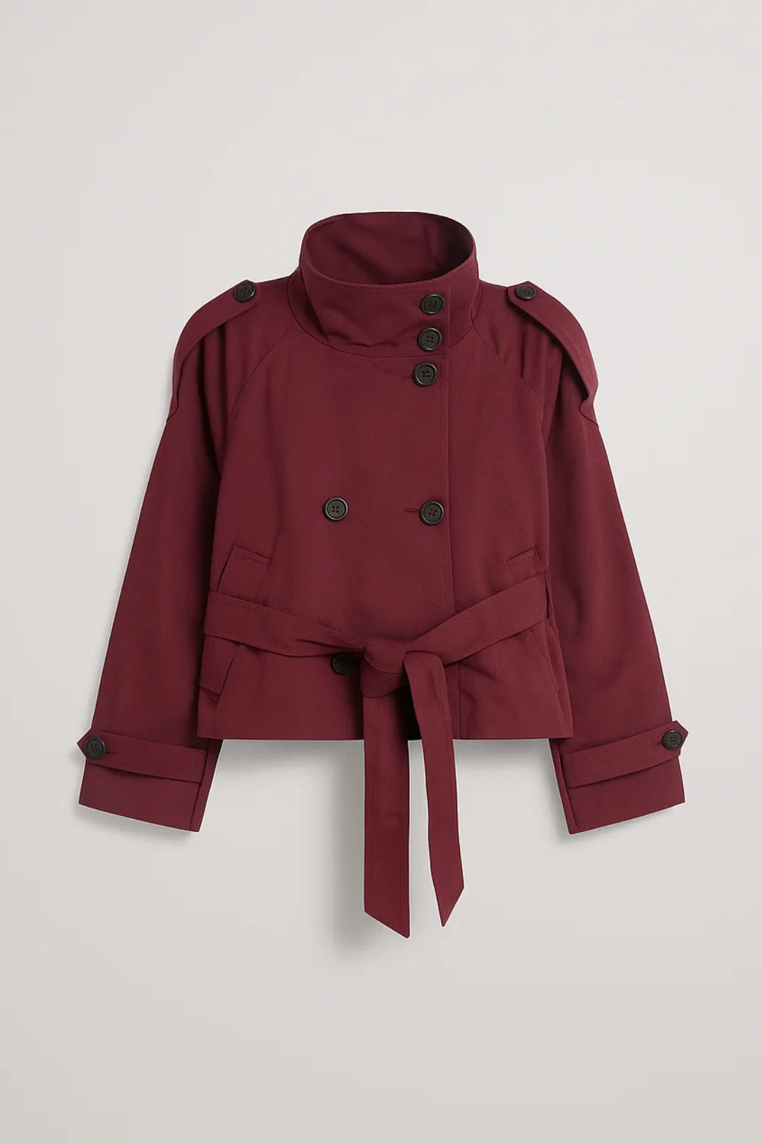 Thaïs | Trench Court Femme Chic à Col Montant et Ceinture Élégante